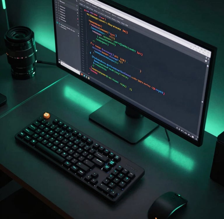 Top-down desk setup of a software engineer's workspace, clean Kotlin code blocks visible on a glowing monitor, subtle neon cyan reflections on glass surfaces, dark high-contrast studio lighting