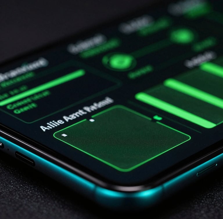 Extreme macro close-up of a high-end Android screen displaying fluid glowing green graph interfaces, low-key dark studio lighting, dramatic cyan edge-lights reflecting on glass, sharp 35mm details
