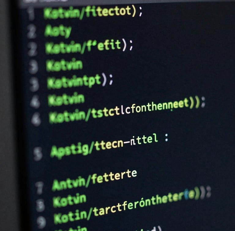 Close-up technology photography of clean Kotlin code on a dark monitor, glowing green syntax highlighting, soft background blur