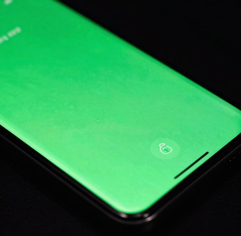 Extreme macro close-up of a high-end Android phone screen showing a fluid, glowing neon green UI interface, dark studio lighting, sharp reflections on glass