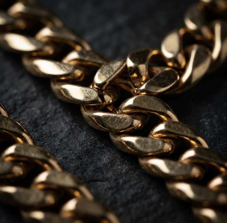 Extreme close-up macro shot of heavy 18k gold Cuban links resting on a dark textured surface, dramatic low-key studio lighting with sharp specular highlights