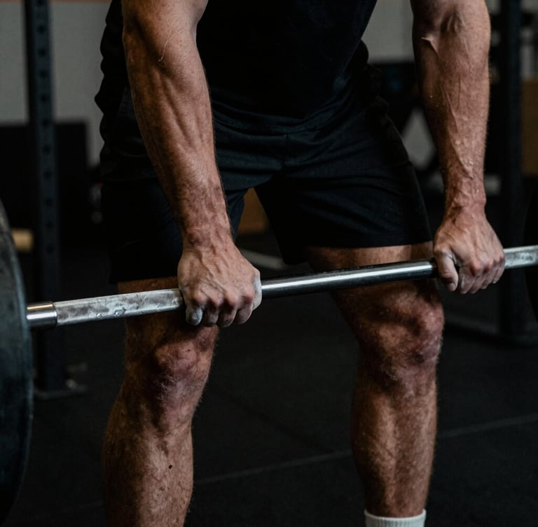 Moody close-up of a male athlete's chalked hands gripping a barbell in a dark, high-contrast gym environment, sharp directional lighting, desaturated tones, 35mm film