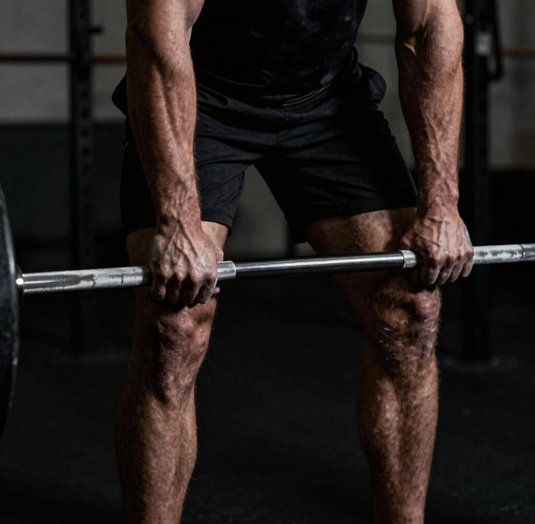 High-contrast close-up of a male athlete's chalked hands gripping a barbell in a dark gym, moody directional lighting, deep shadows