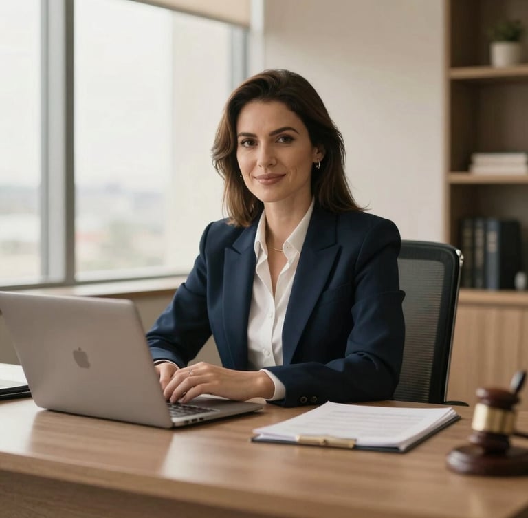 Warm editorial portrait of a sophisticated modern law office desk in Curitiba, soft window light, deep navy and champagne tones, shallow depth of field, professional, 35mm