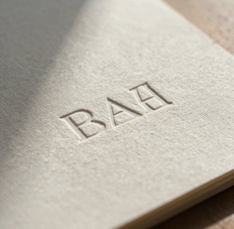 Extreme close-up of embossed stationery on textured linen paper, soft diffused natural daylight, delicate shadows.