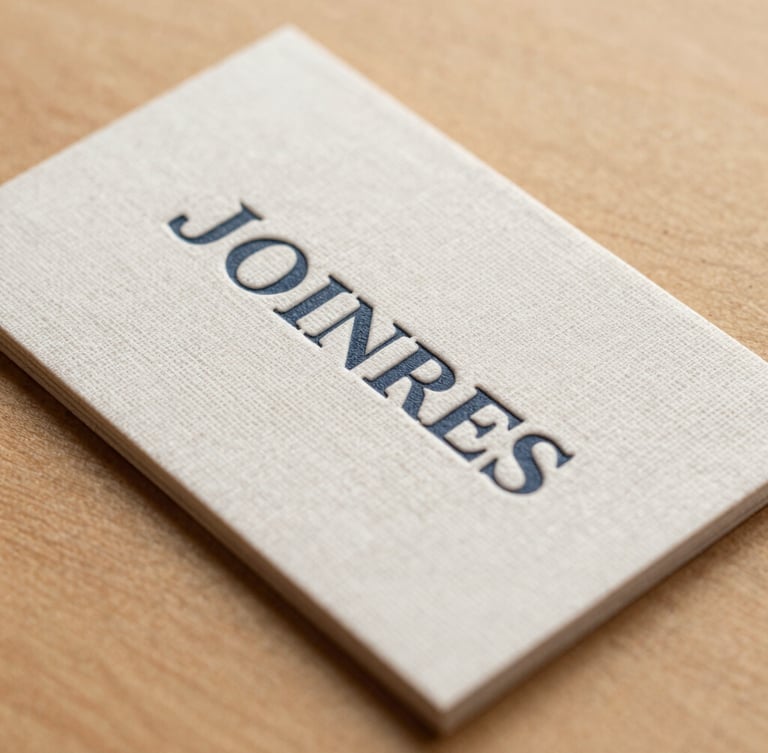 A close-up, high-angle shot of heavily textured linen business cards with embossed typography, resting on a smooth warm almond surface under soft, diffused morning light.