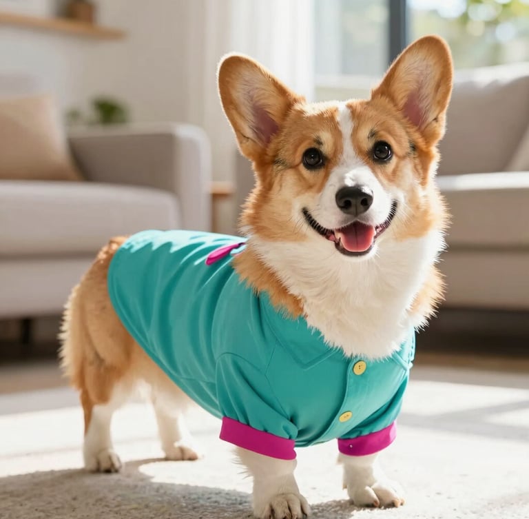 Cheerful Pembroke Welsh Corgi standing happily in a sunlit Mexican living room, wearing a custom-tailored colorful teal shirt, close-up showing perfect fit around the chest, bright natural daylight, shallow depth of field.