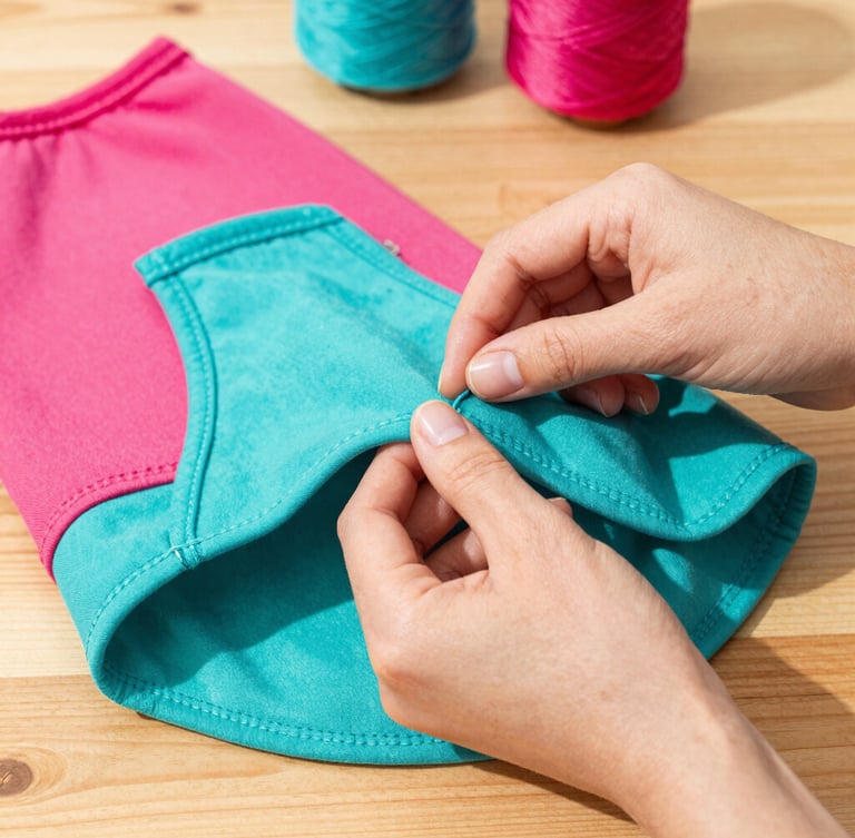 Close-up of hands carefully stitching a colorful pet shirt on a wooden table, vibrant fabrics and threads in the background, warm natural light