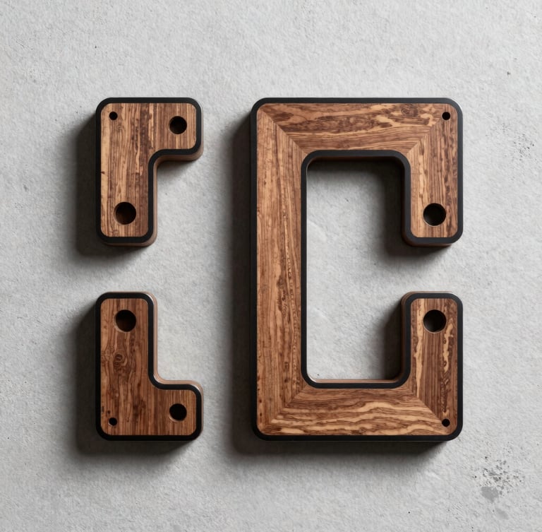 Top-down overhead flatlay of assembled technical parts made of laser-cut walnut wood and polished black acrylic, casting sharp geometric side-shadows on a clean light gray concrete surface, architectural model style.