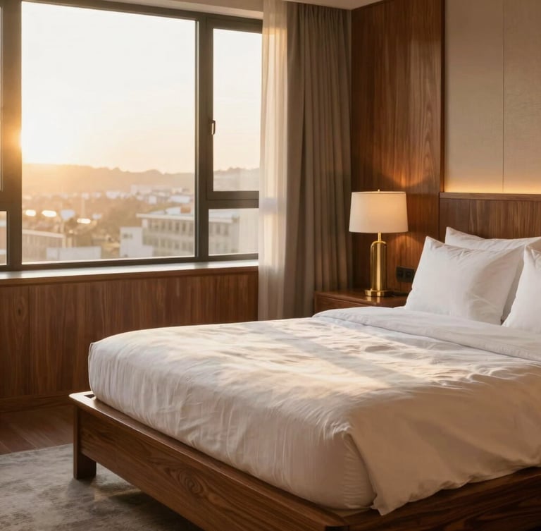 A premium guest room with warm golden hour window light, detailed teakwood furniture, and crisp linen.