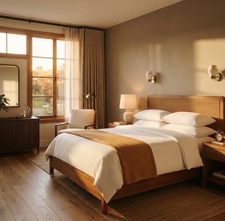 Warm golden hour window light illuminating a premium guest room, detailed teakwood furniture, crisp white linen, soft shadows, 35mm lens editorial photography