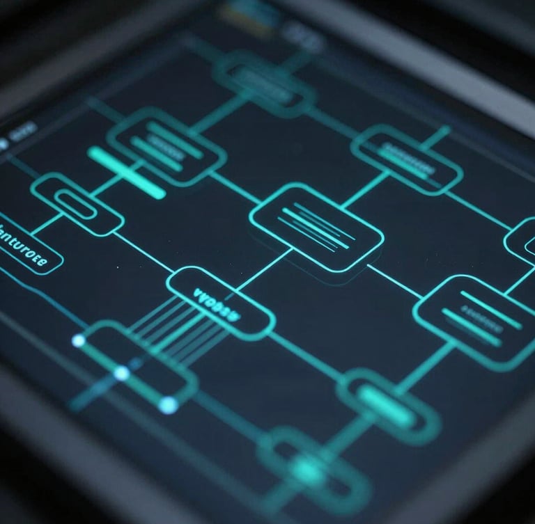 Macro close-up of a complex abstract software architecture diagram, glowing cyan and teal lines on a dark slate screen, low-key cool ambient lighting, highly technical and precise.