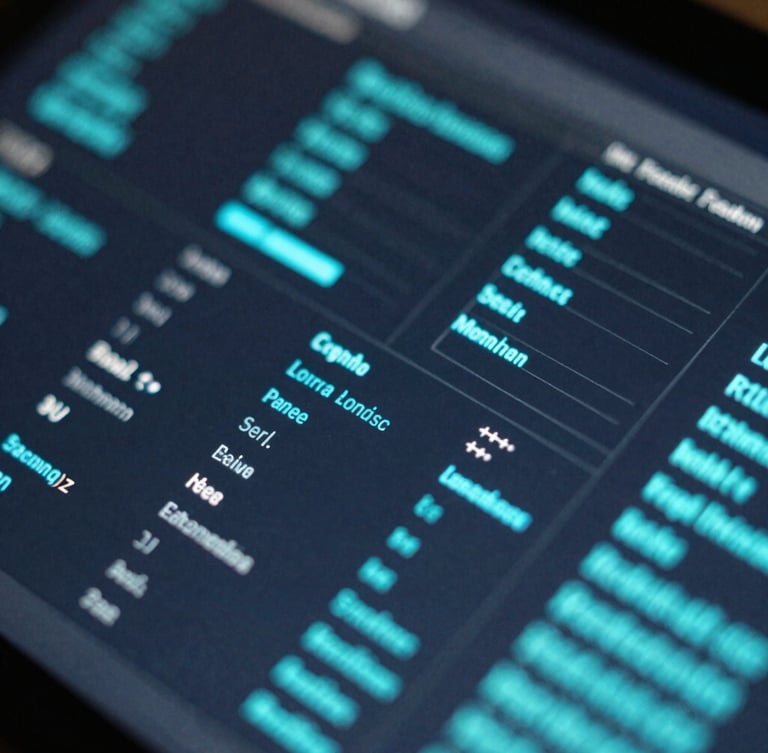 Macro close-up of a complex abstract data visualization interface, glowing cyan and teal metrics on a dark slate background, sharp focus, cool-toned ambient light.