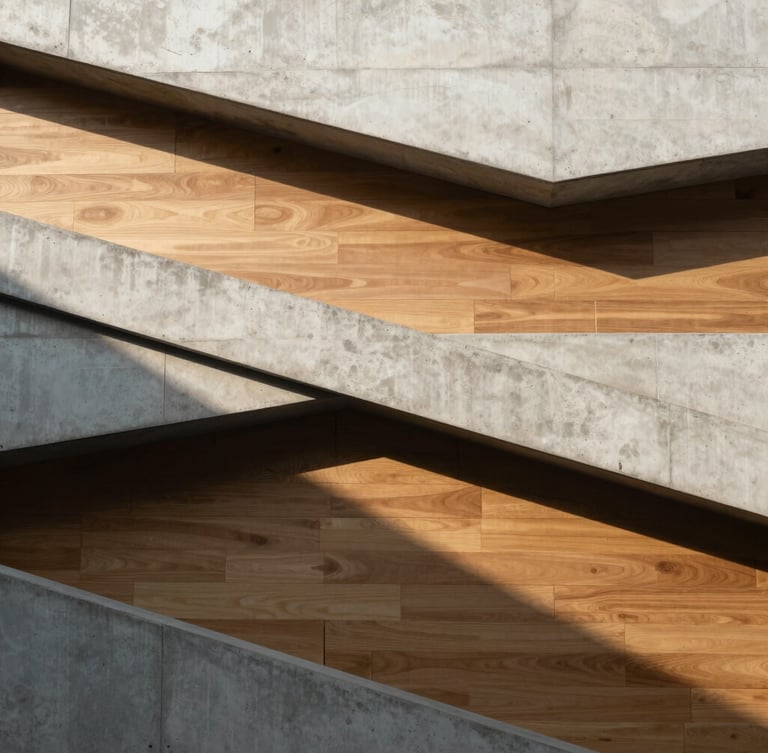 Minimalist architectural detail of overlapping concrete planes and warm wooden panels, casting soft geometric shadows in bright afternoon sun.
