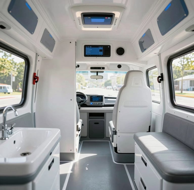 Pristine, immaculately clean ambulance interior, bright natural daylight diffusing through the window, emphasizing sterile safety and modern medical equipment, straight-on architectural shot.