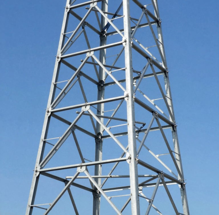 Macro shot of a steel cellular tower structure against a sharp clear blue sky, high contrast daylight, technical framing