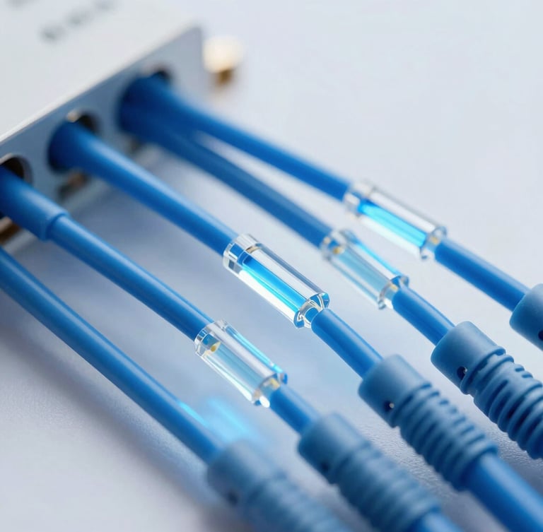 Macro shot of physical telecom hardware, glass fiber optic cables glowing with cool blue light, sharp focus, clean technical daylight.