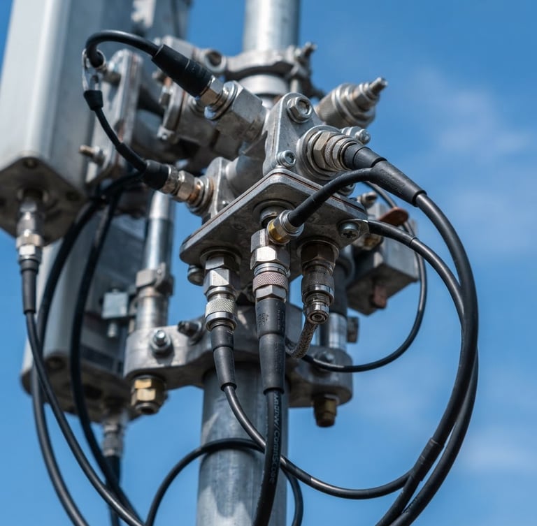 Macro shot of a physical cellular antenna array, high-contrast daylight, sharp focus on metal nodes and coaxial connections, cool blue sky background