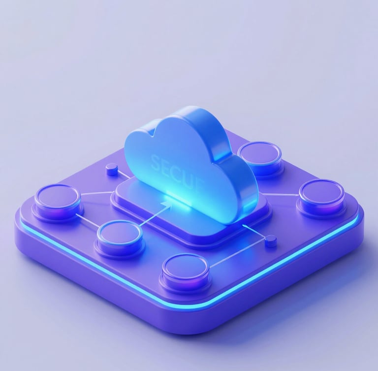3d render of isometric tech diagram showing secure cloud data flow, glowing neon blue and purple light, octane render, 8k
