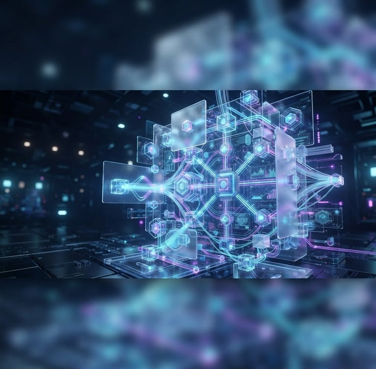 Abstract 3D render of secure server architectures with glowing neural networks, cool-toned studio lighting, neon blue and purple light, clean glassmorphism, octane render, 8k. Wide panoramic frame, subject slightly off-center.
