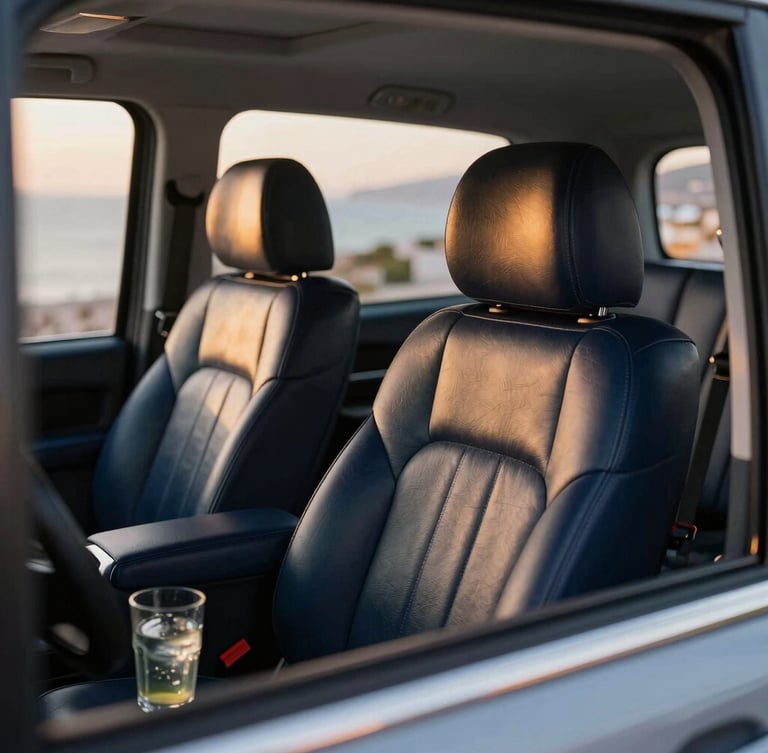 Immaculate Mercedes Vito VIP vehicle interior, soft warm golden hour light reflecting on polished leather seats, cold refreshing drinks visible, shallow depth of field, 35mm