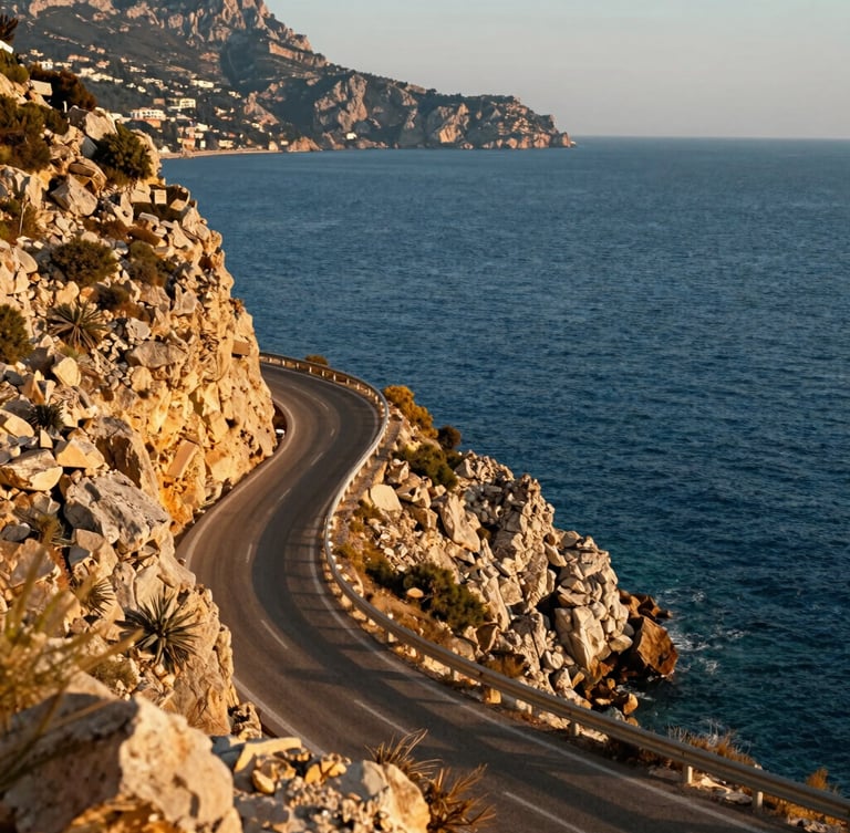 Stunning environmental shot of a coastal road winding along the cliffs near Alanya, bright sun-drenched Mediterranean daylight, deep blue sea.
