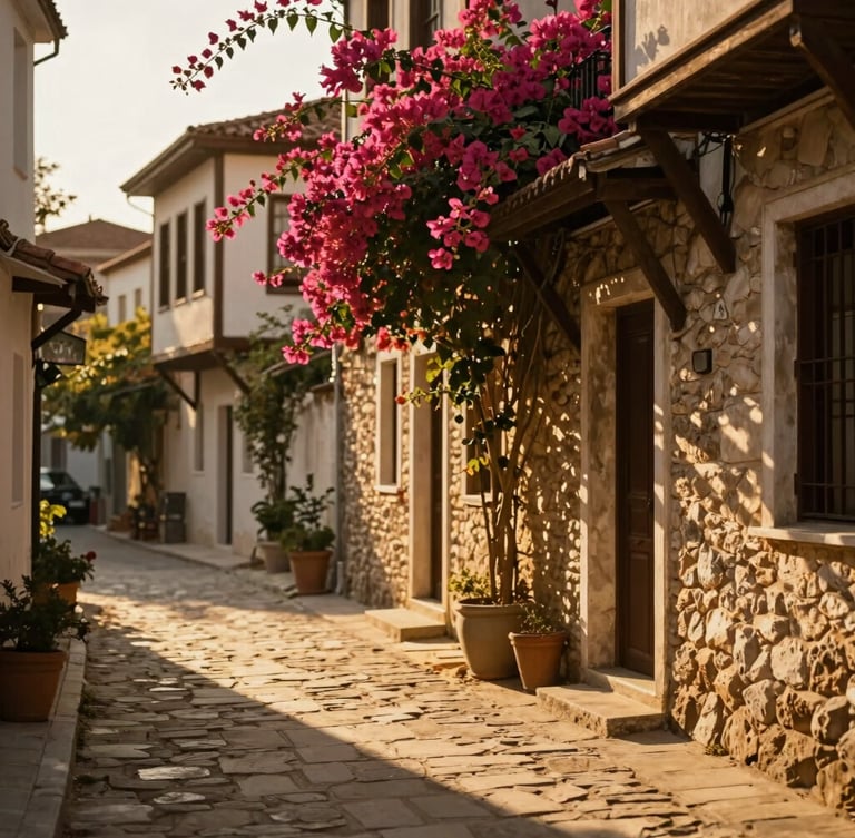 Warm editorial photography of a quiet, sun-drenched stone alley in Kaleici Antalya, golden-hour Mediterranean sunlight casting long shadows, bougainvillea flowers, 35mm