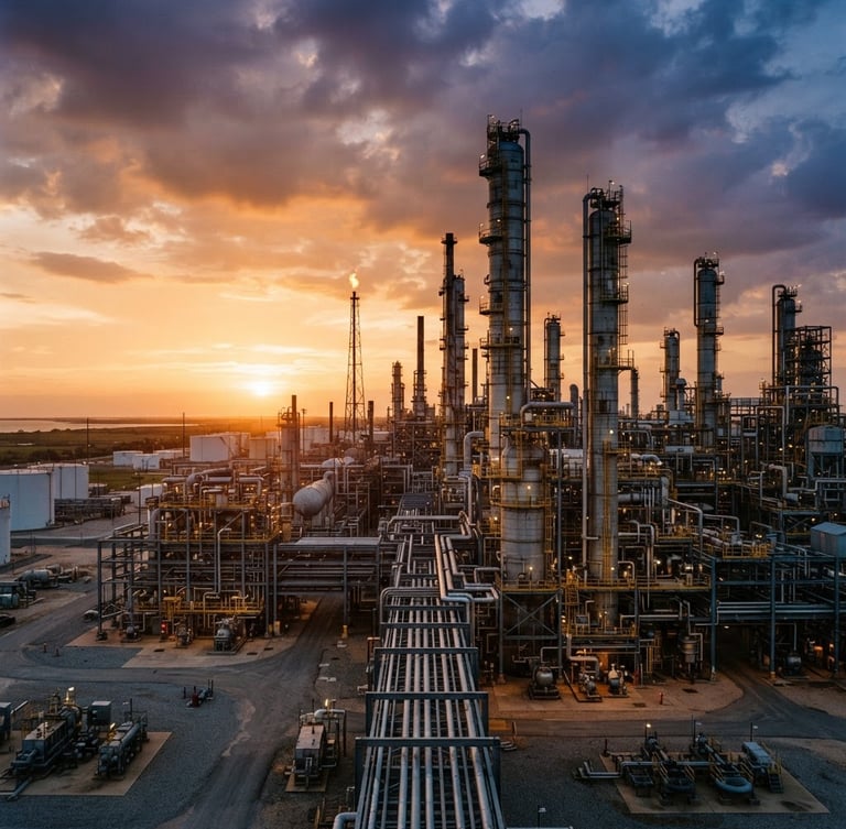 Wide environmental shot of a Texas petrochemical refinery at golden hour, towering steel distillation columns reflecting warm sunset light, sharp geometric structures, negative space on the left, 35mm lens.