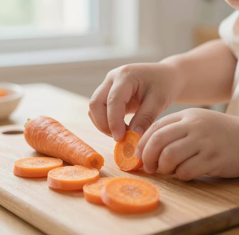 Close-up of adult hands demonstrating a safe, finger-shaped cut of steamed carrot for baby-led weaning, on a wooden cutting board, soft natural window light, gentle pastel tones, shallow depth of field.