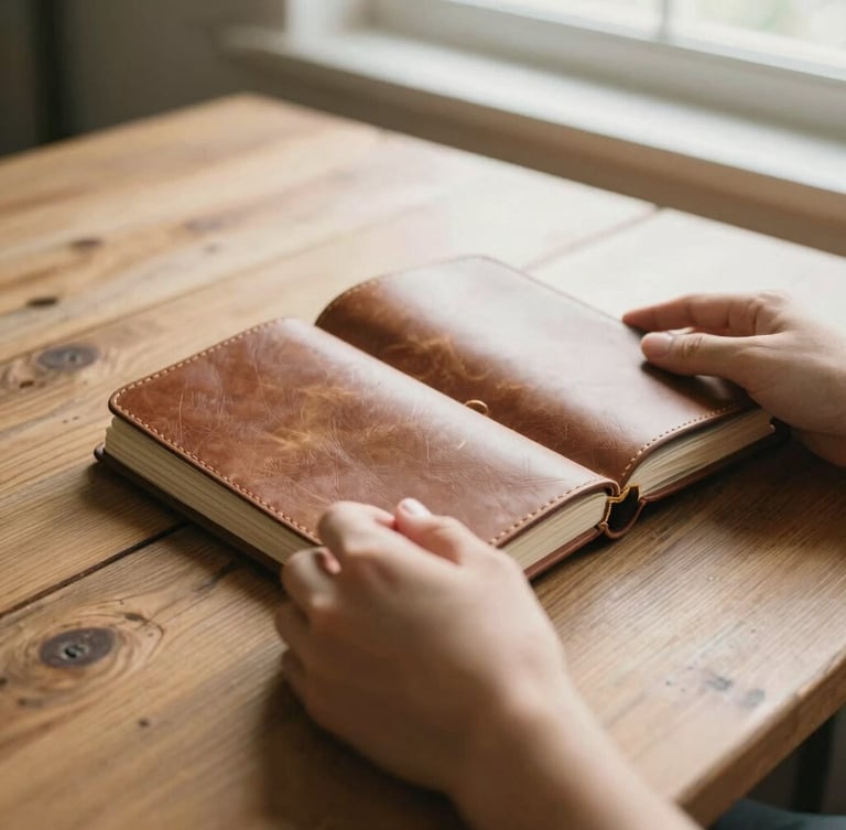 Close-up of hands holding a well-worn leather journal on a rustic wooden table, soft window light, warm editorial photography.