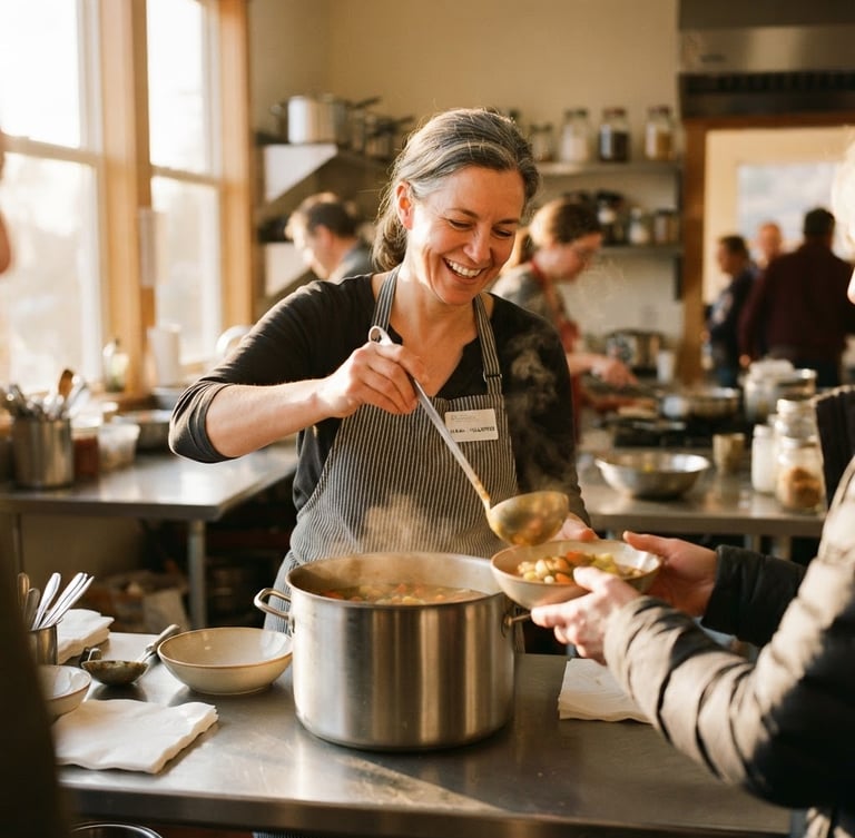 Candid medium shot of a volunteer serving warm soup in a sunlit community kitchen, soft golden-hour light, shallow depth of field, 35mm film look.