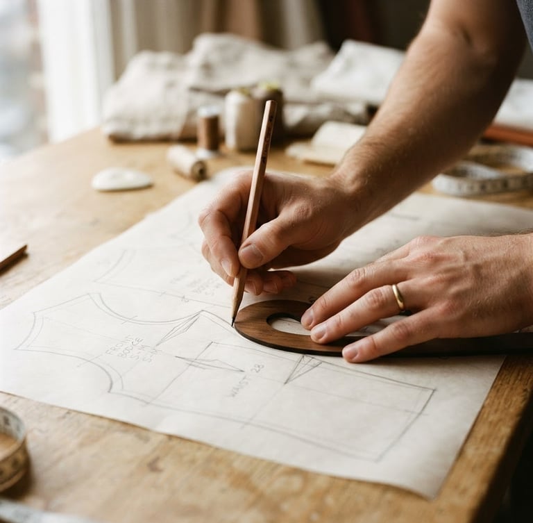 Close-up hands drafting a precise garment pattern with a pencil on crisp parchment paper, soft natural overcast daylight, warm editorial photography, 35mm