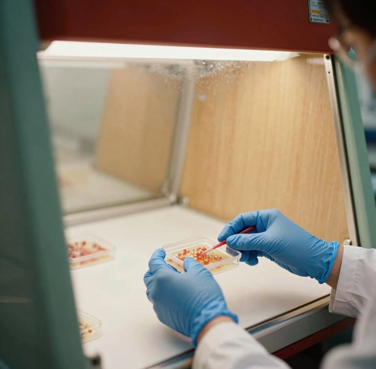 Vertical portrait of a researcher's hands in blue nitrile gloves inoculating a sterilized substrate block under a laminar flow hood, warm wooden wall in the background, soft daylight, 35mm.