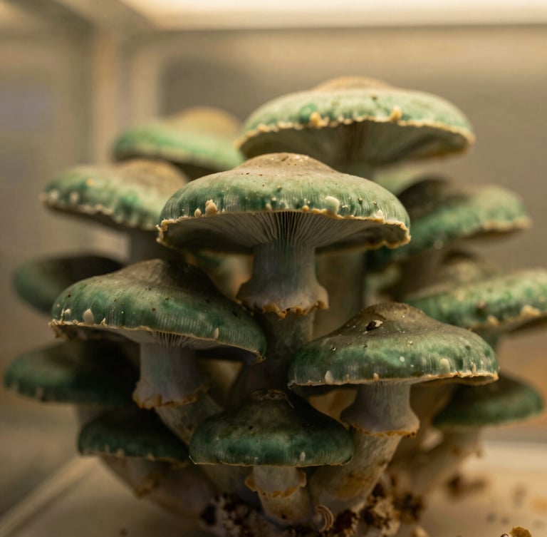 Macro shot of lion's mane mushroom textures growing inside a sterile incubation chamber, warm indoor glow, matte forest green tones, shallow depth of field, 35mm