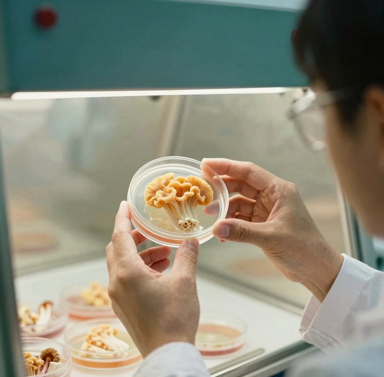 A close-up of a researcher in a clean white coat working under a laminar flow hood, holding a petri dish with lion's mane mycelium, soft warm lighting, shallow depth of field, 35mm.