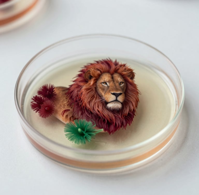 Macro photograph of high-detail lion's mane mycelium growing in a sterile petri dish, soft Scandinavian daylight, deep crimson accents, shallow depth of field, 35mm