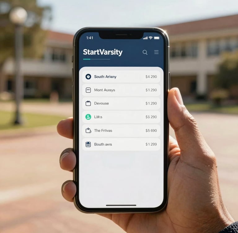Close-up of a mobile screen displaying the StartVarsity dashboard with application tracking status, held by a South African student on a sunny campus courtyard, warm golden daylight.