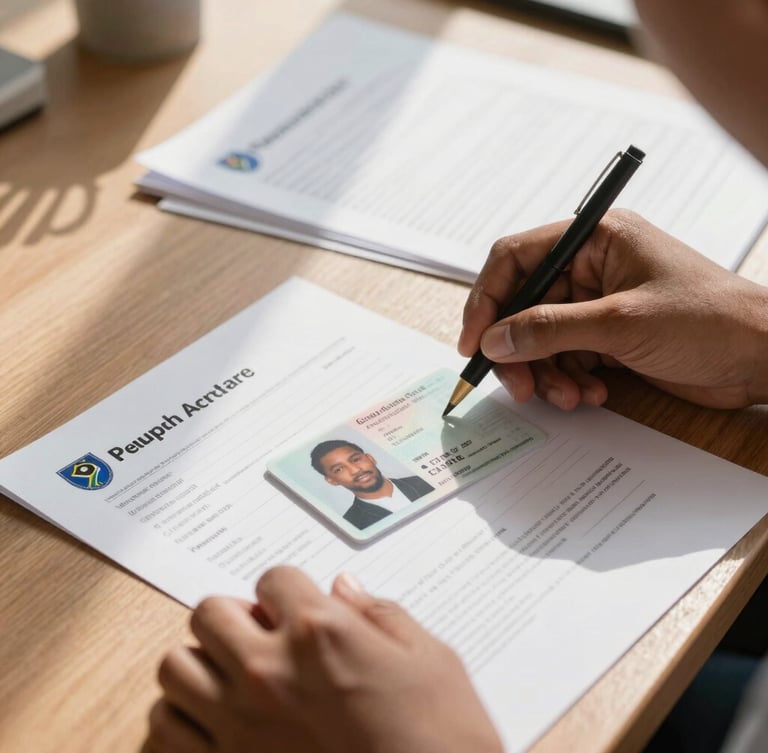 Close-up of a South African student's hands organizing certified ID documents and academic transcripts on a wooden table, bright morning sunlight.