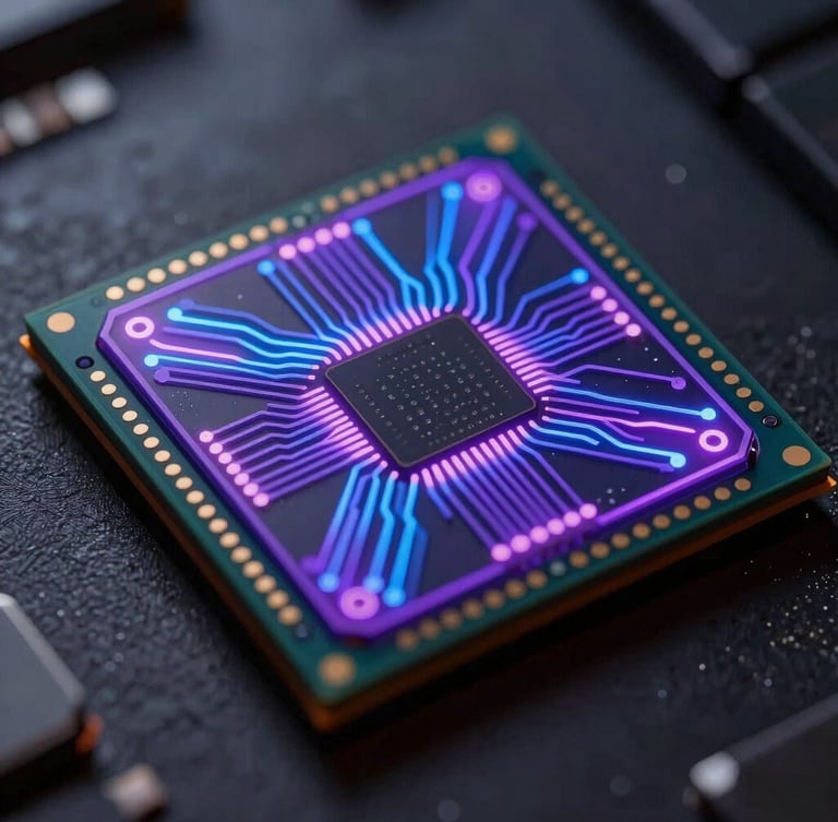 Extreme macro photograph of a real superconducting quantum processor chip, intricate geometric niobium circuit paths glowing with neon violet and electric blue light, dark atmospheric background with shallow depth of field