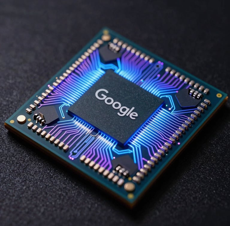 Macro close-up of a real superconducting quantum processor, high-tech Google Sycamore chip, intricate geometric circuit lines, glowing blue and purple neon illumination, dark background