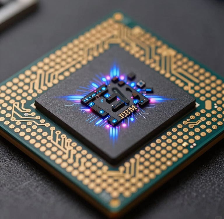 Macro close-up of a real IBM superconducting quantum processor chip, intricate geometric gold and silicon circuit paths, brilliant neon blue and purple laser illumination reflecting off the metallic surfaces, shallow depth of field.