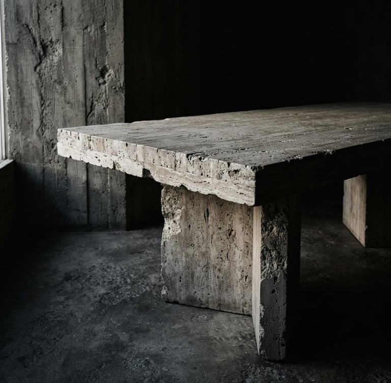 Dramatic architectural photograph of a monolithic stone table with low-key side-lighting, deep shadows, raw concrete texture, 35mm lens, kissing the right edge.