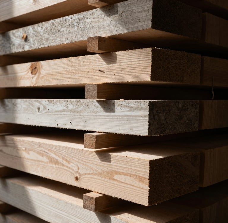Extreme close-up of raw oak timber planks stacked in a curing facility, dramatic side-lighting, deep shadows, natural textures, Friuli, Italy