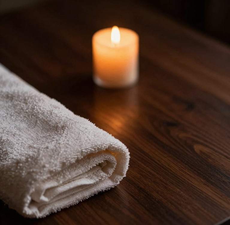 Portrait close-up of soft ambient candlelight reflecting off dark walnut wood, with a folded heavy-gauge linen towel in the foreground, moody luxury spa photography, shallow depth of field, 35mm