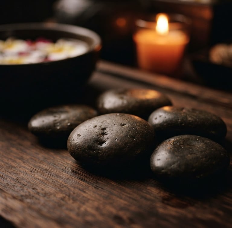 Close-up of smooth, warm basalt stones resting on dark wood, soft amber candlelight, shallow depth of field, moody luxury spa photography.