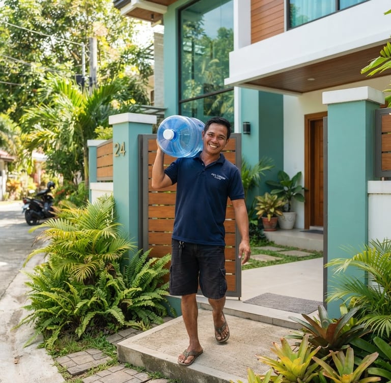 Bright clean water delivery in Talisay, Cebu, a friendly local delivery person carrying a clean 5-gallon blue water jug to a modern home, natural tropical daylight, 35mm lens.