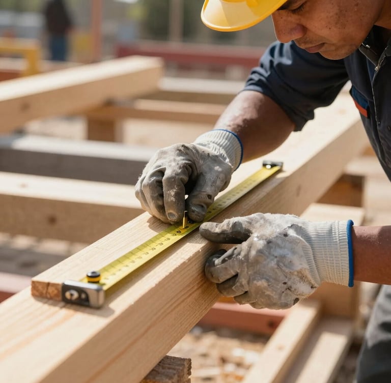 A close-up shot of a trainee in heavy-duty gloves measuring a thick timber beam on a construction site, bright daylight, focused expression, clear physical action.