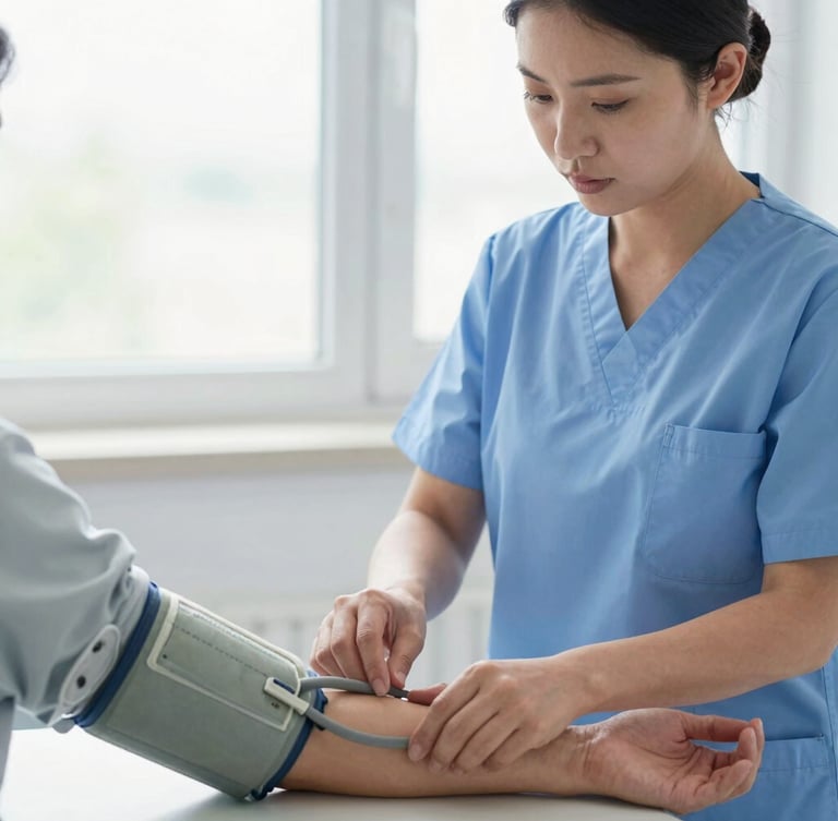 A focused nurse in clean blue scrubs carefully adjusting a blood pressure cuff on a patient's arm, bright natural window light, clinical hands-on setting.