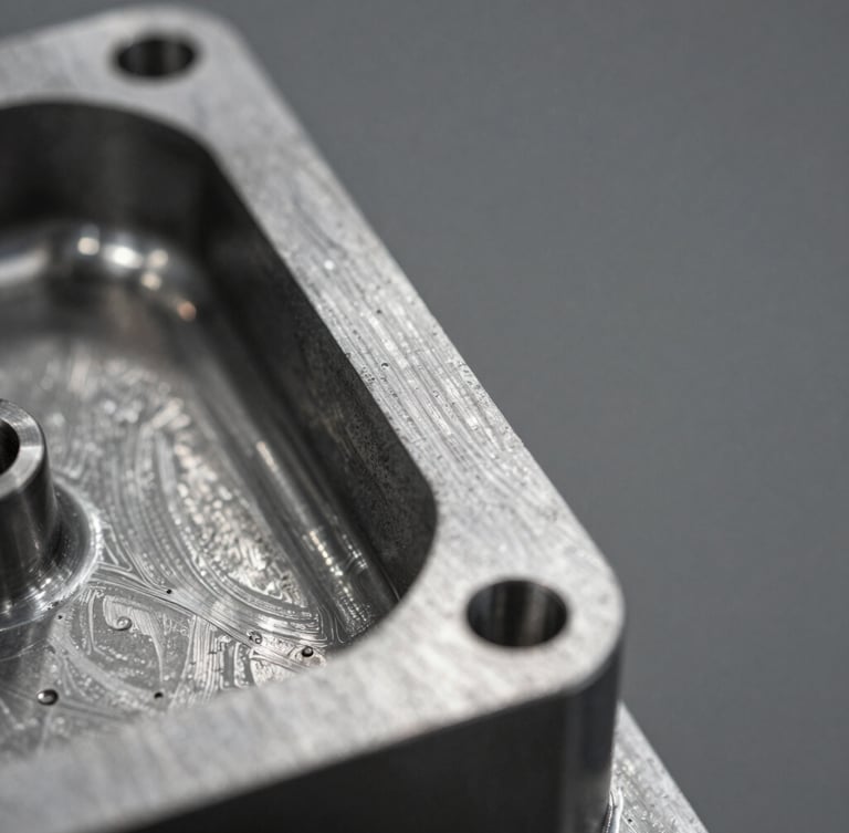 Extreme macro photograph of a complex steel injection mold cavity, sharp metallic tool paths, high-contrast studio lighting with crisp highlights, shallow depth of field, left-aligned composition with negative space on the right.