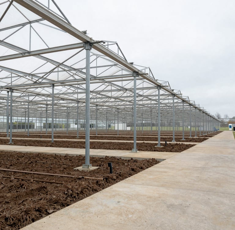 Wide-angle editorial documentary photography of a massive industrial greenhouse facility under overcast morning light, realistic steel structures and concrete pathways stretching into the background.